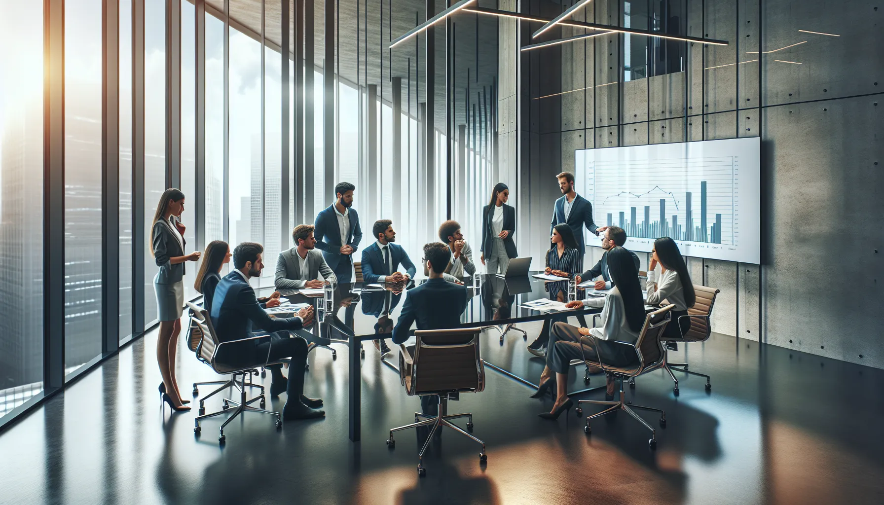 diverse professionals discussing copyright issues in a modern conference room.