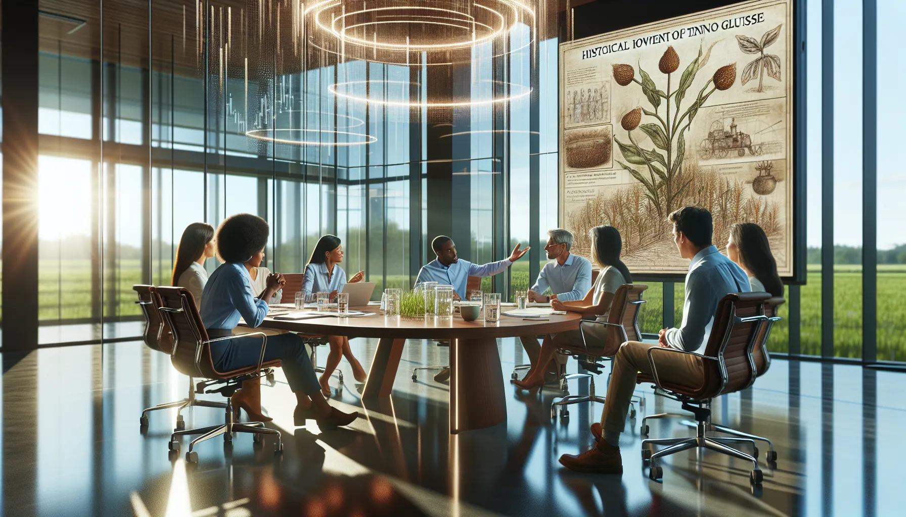 diverse scholars discussing historical significance in a modern office.