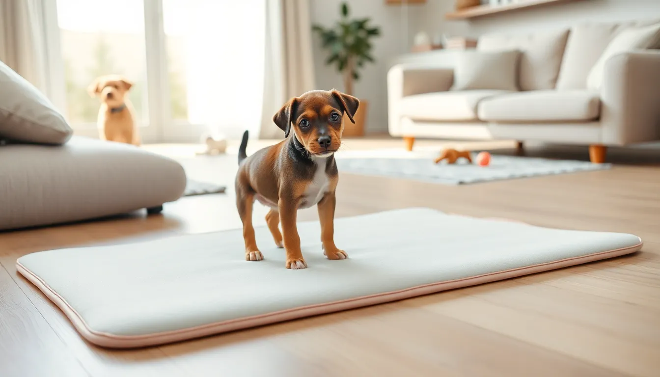 A puppy standing on a stylish pet training mat in a clean living room.
