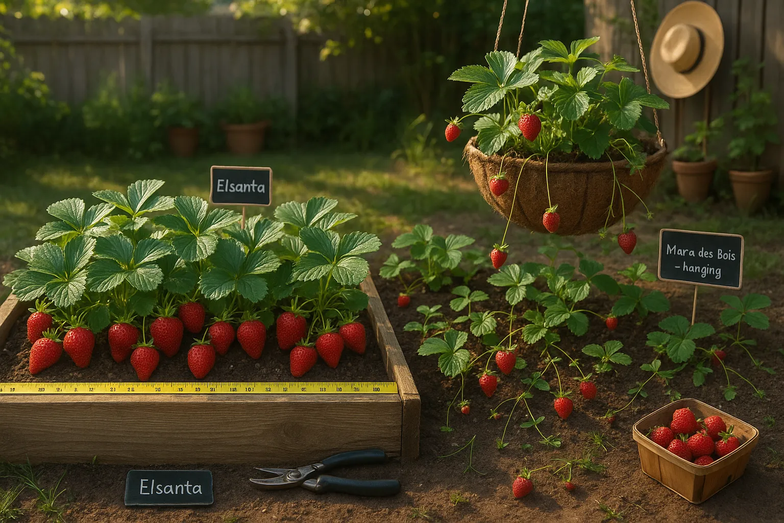 Raised bed of Elsanta beside Mara des Bois in a hanging basket, labeled