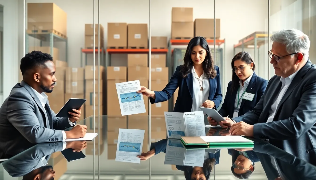 A vendor rep hands a signed contract to clients in a modern office meeting.