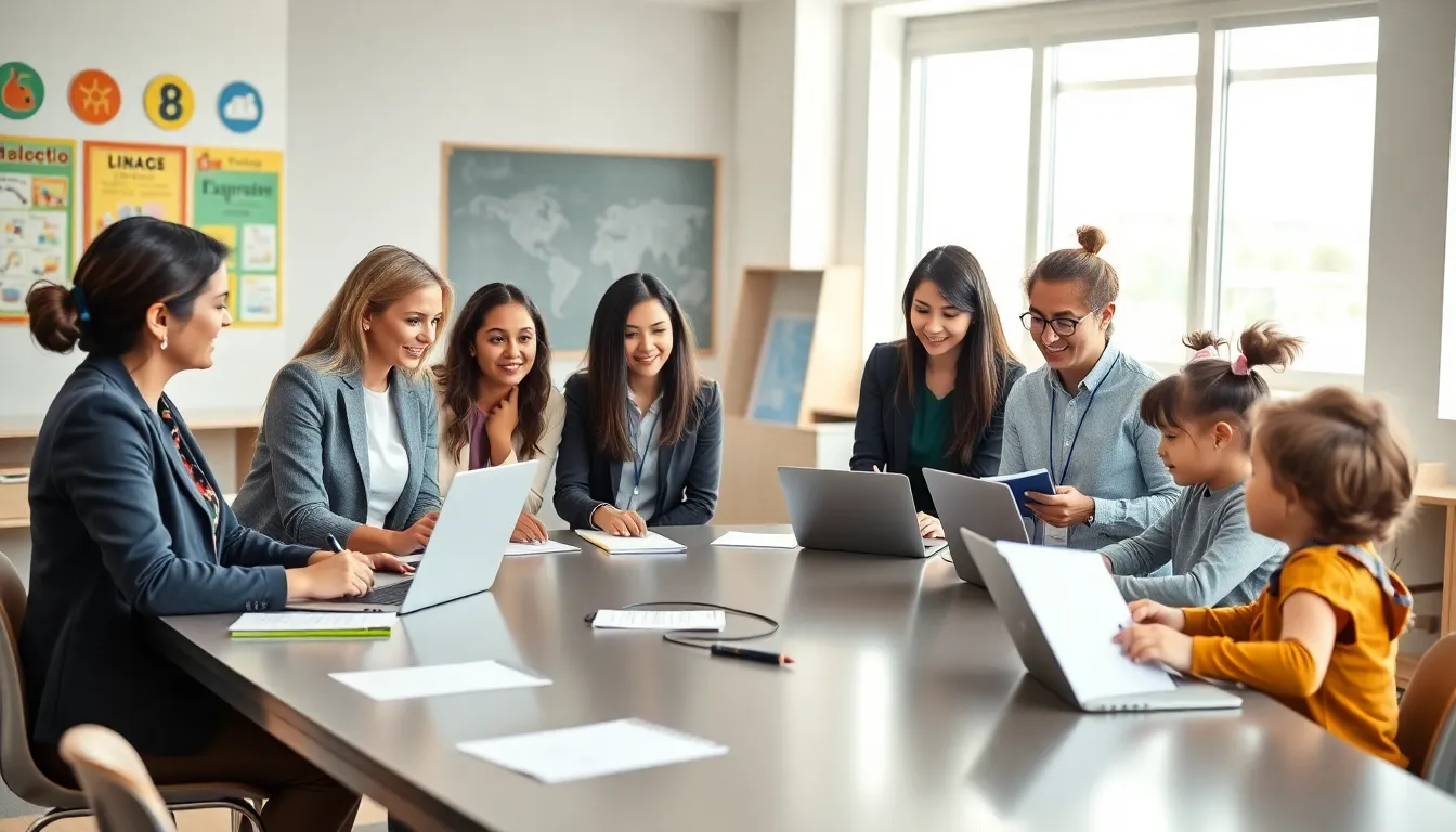 diverse preschool teachers collaborating in a modern classroom.