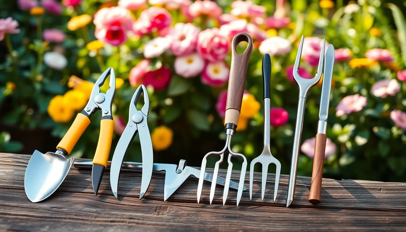 collection of essential gardening tools on a rustic surface.