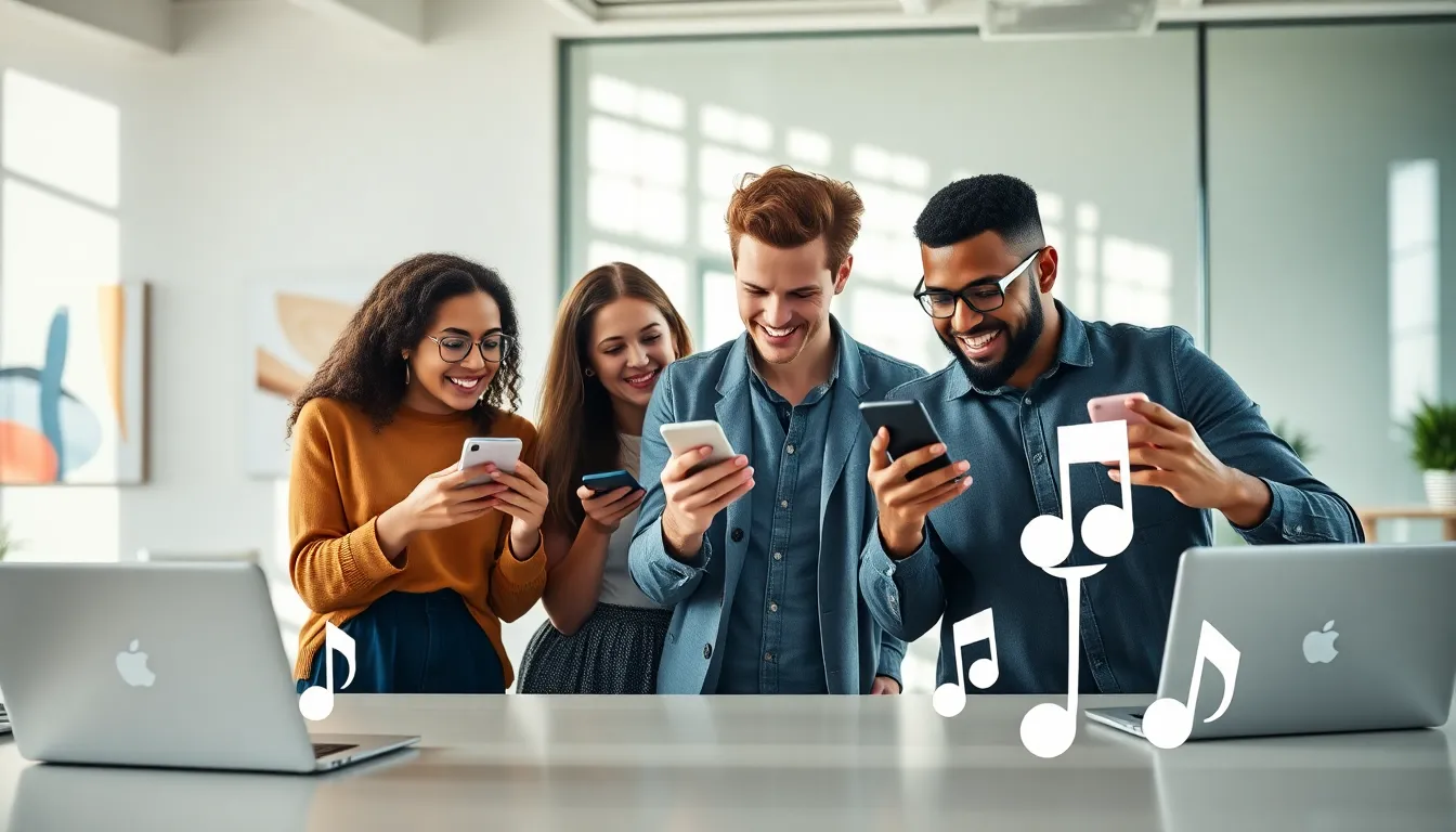 diverse team exploring trending songs on Instagram in a modern office.