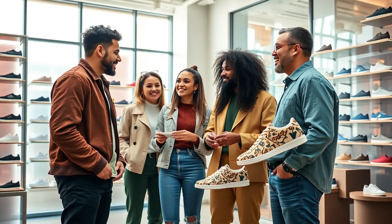 diverse group discussing current shoe trends in a modern retail setting.
