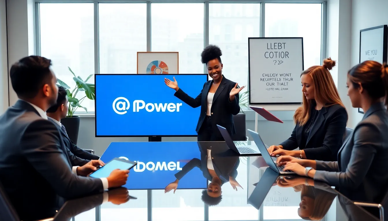 diverse team collaborating in a modern office around the @LotsOfPower theme.