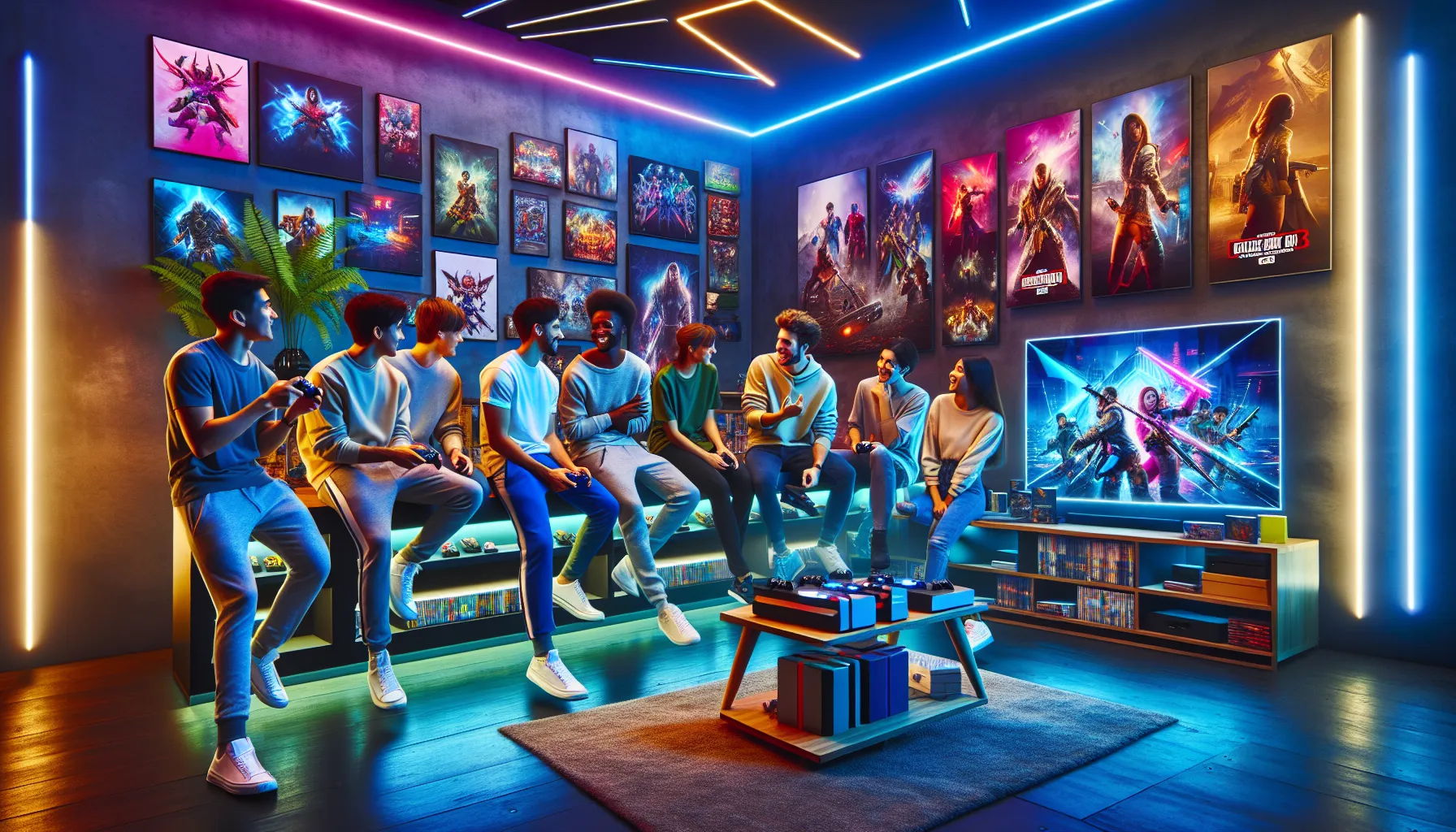 diverse group discussing new video games in a modern gaming room.