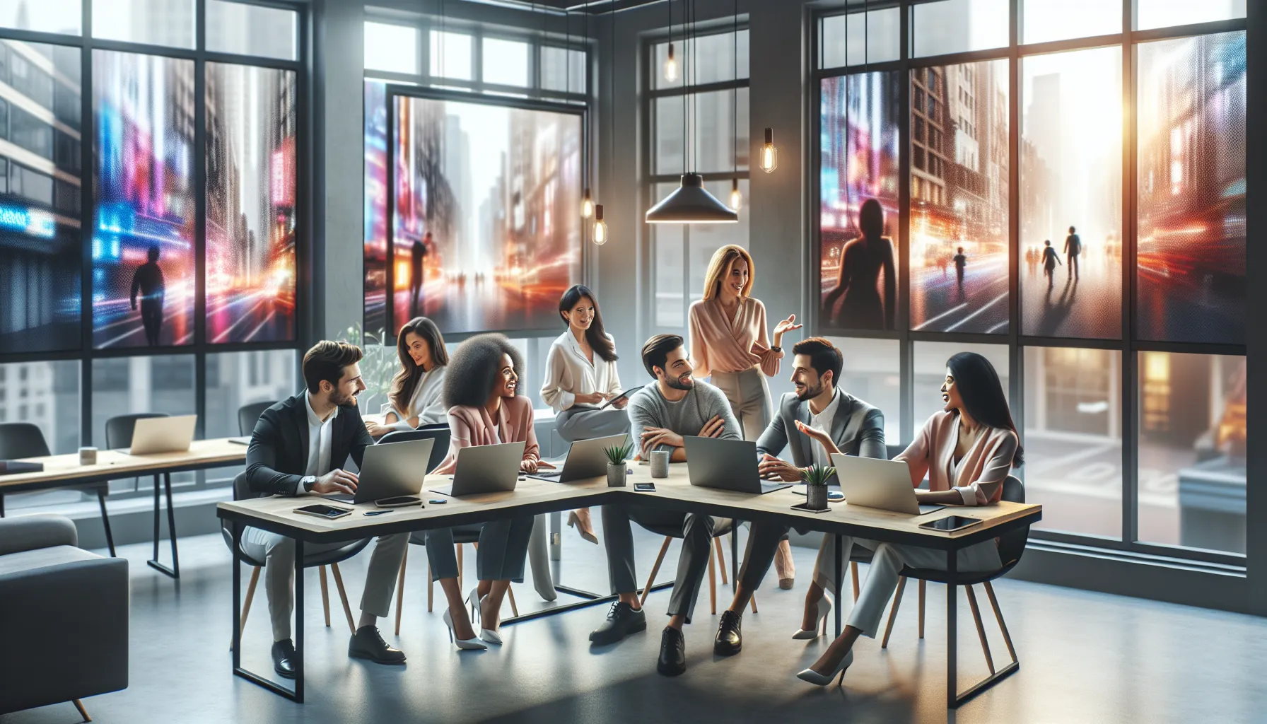 diverse team discussing movies in a modern office setting.