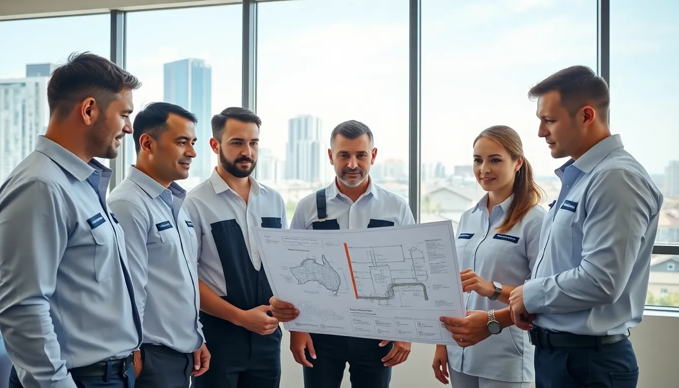 Professional plumbers discussing Brisbane plumbing challenges in a modern office.