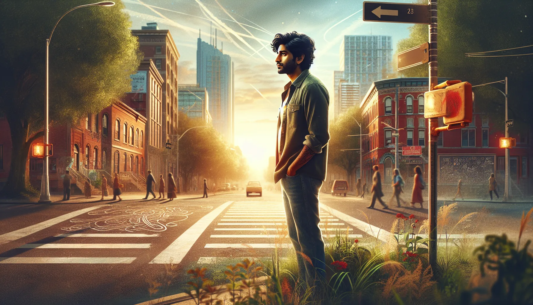 protagonist at a crossroads in an urban setting, reflecting on life.