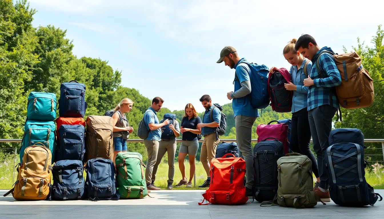 variety of excursion packs displayed outdoors with hikers.