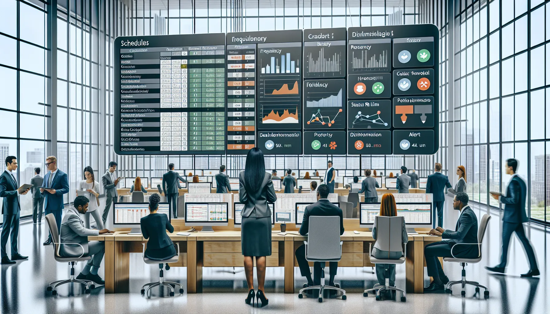 Data administrators monitoring Tableau schedules and alerts on modern dashboards in an office.