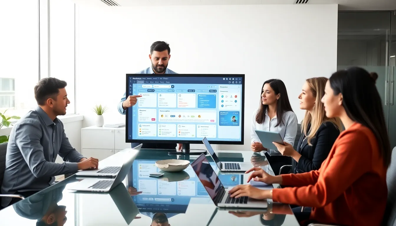 diverse team collaborating with administrative software in a modern office.