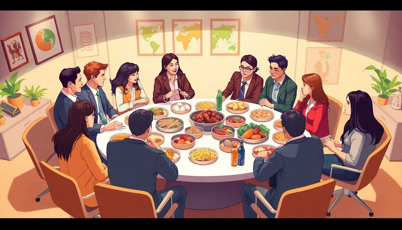 diverse group sharing dishes in a modern office setting.