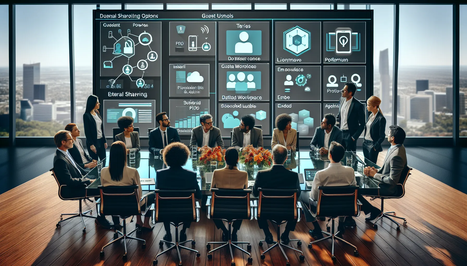 Diverse professionals review Power BI external sharing, security, and licensing on a large screen.