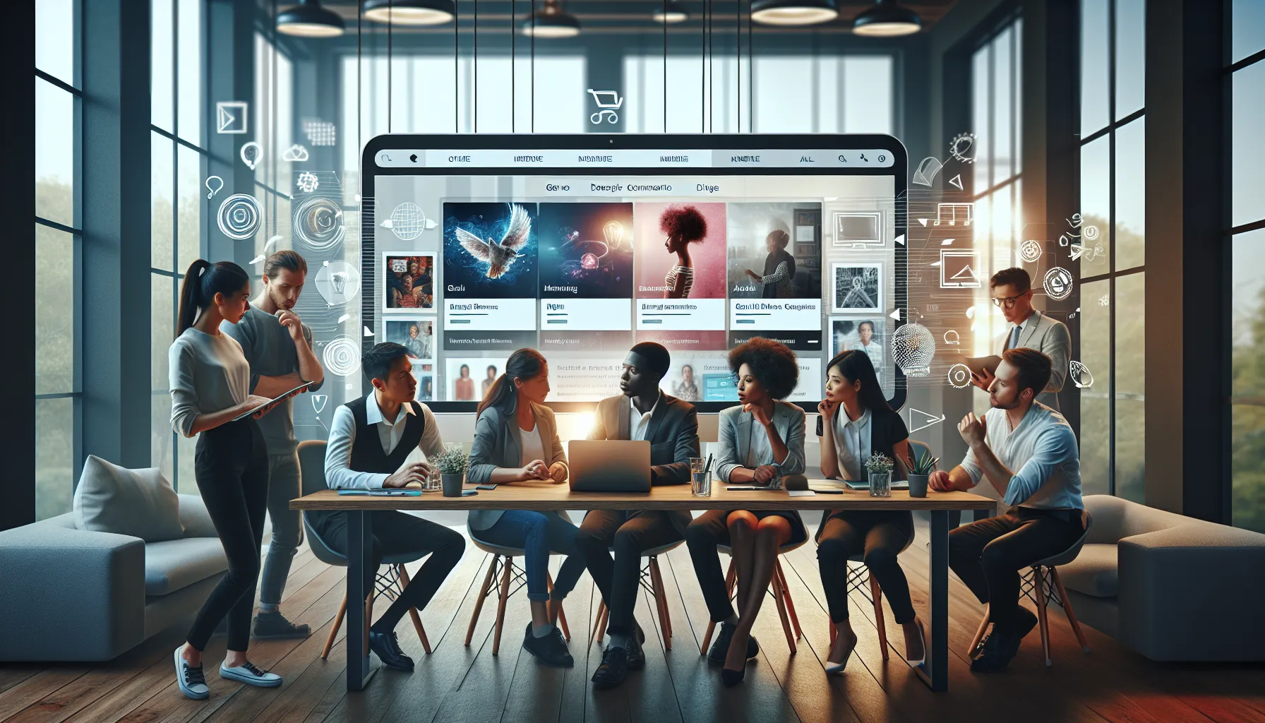 diverse professionals engaging with the 9jhausa platform on a laptop.