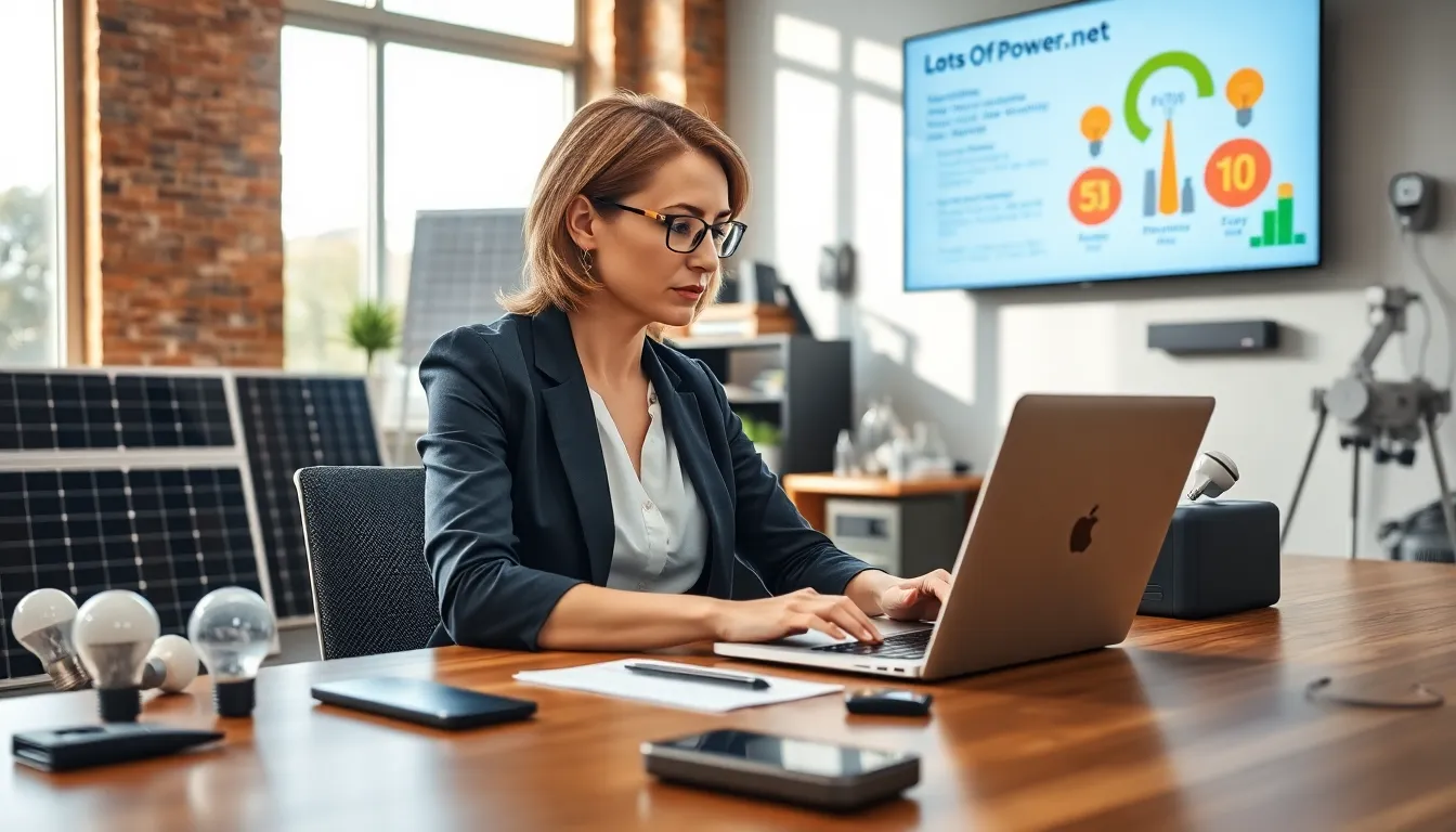 a woman examining energy solutions on her laptop in a modern office.