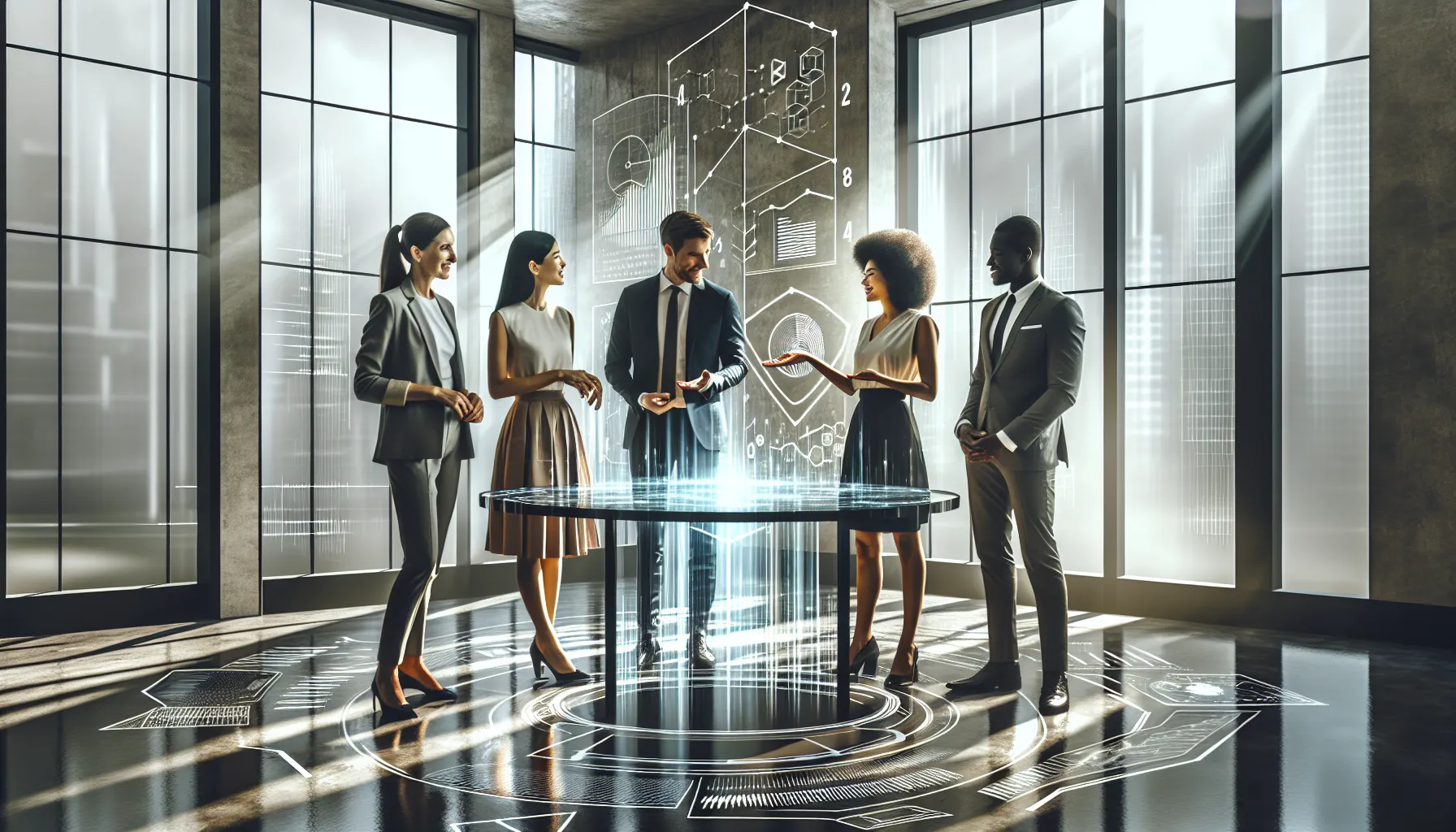 diverse professionals collaborating with digital analytics in a modern office.