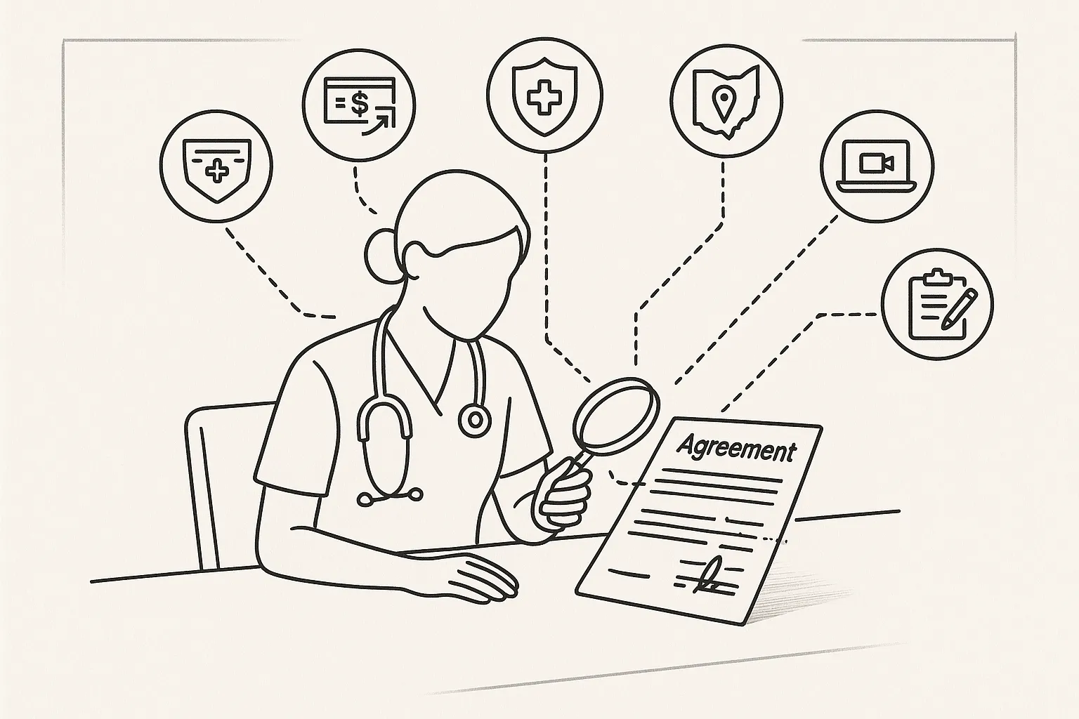 Nurse practitioner examining a contract with icons for pay, malpractice, Ohio map, and schedule.