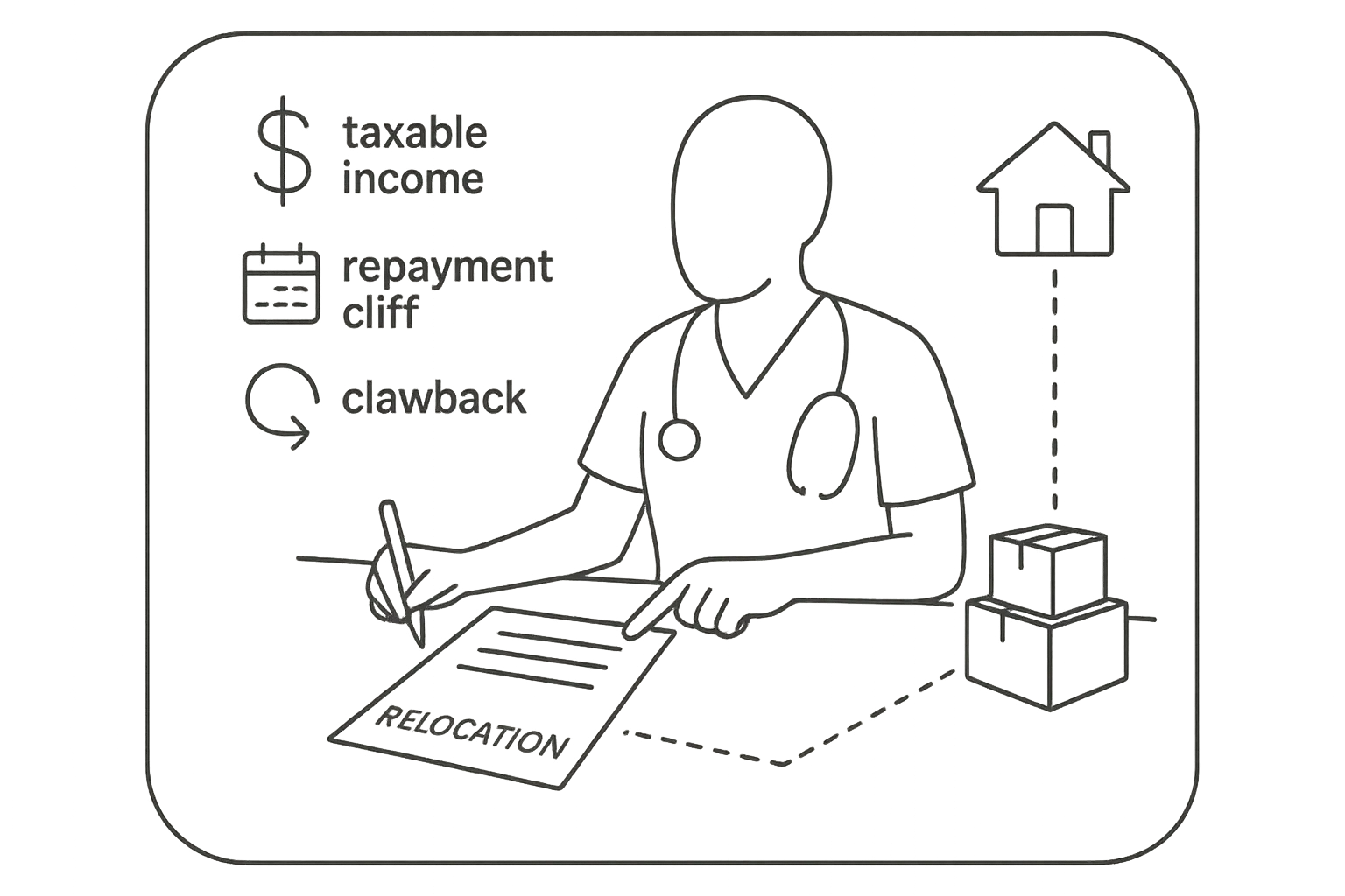 Nurse practitioner reviewing a relocation contract with house, boxes, and clawback icon.