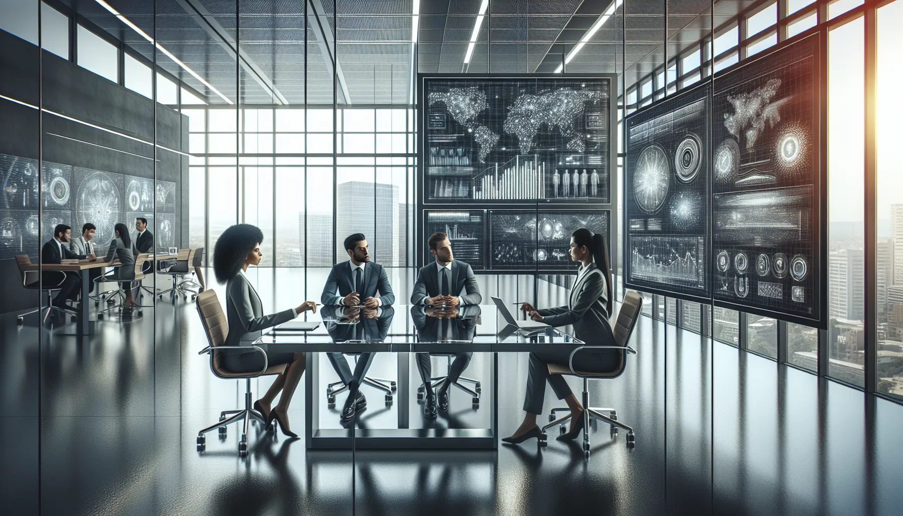 diverse team collaborating in a futuristic office setting.