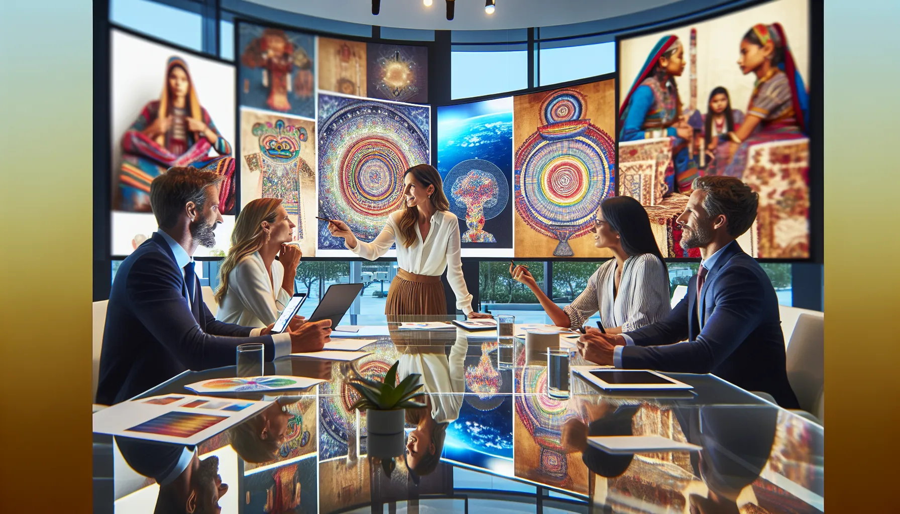 diverse team discussing cultural concepts in a modern office.