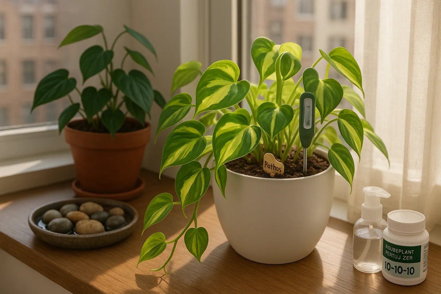 Variegated pothos beside a darker heartleaf philodendron on a sunlit windowsill.