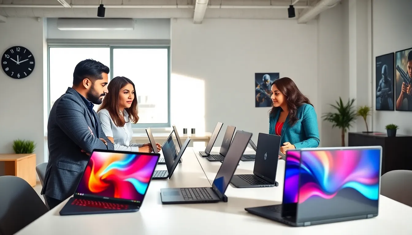 diverse professionals discussing budget gaming laptops in a modern office.