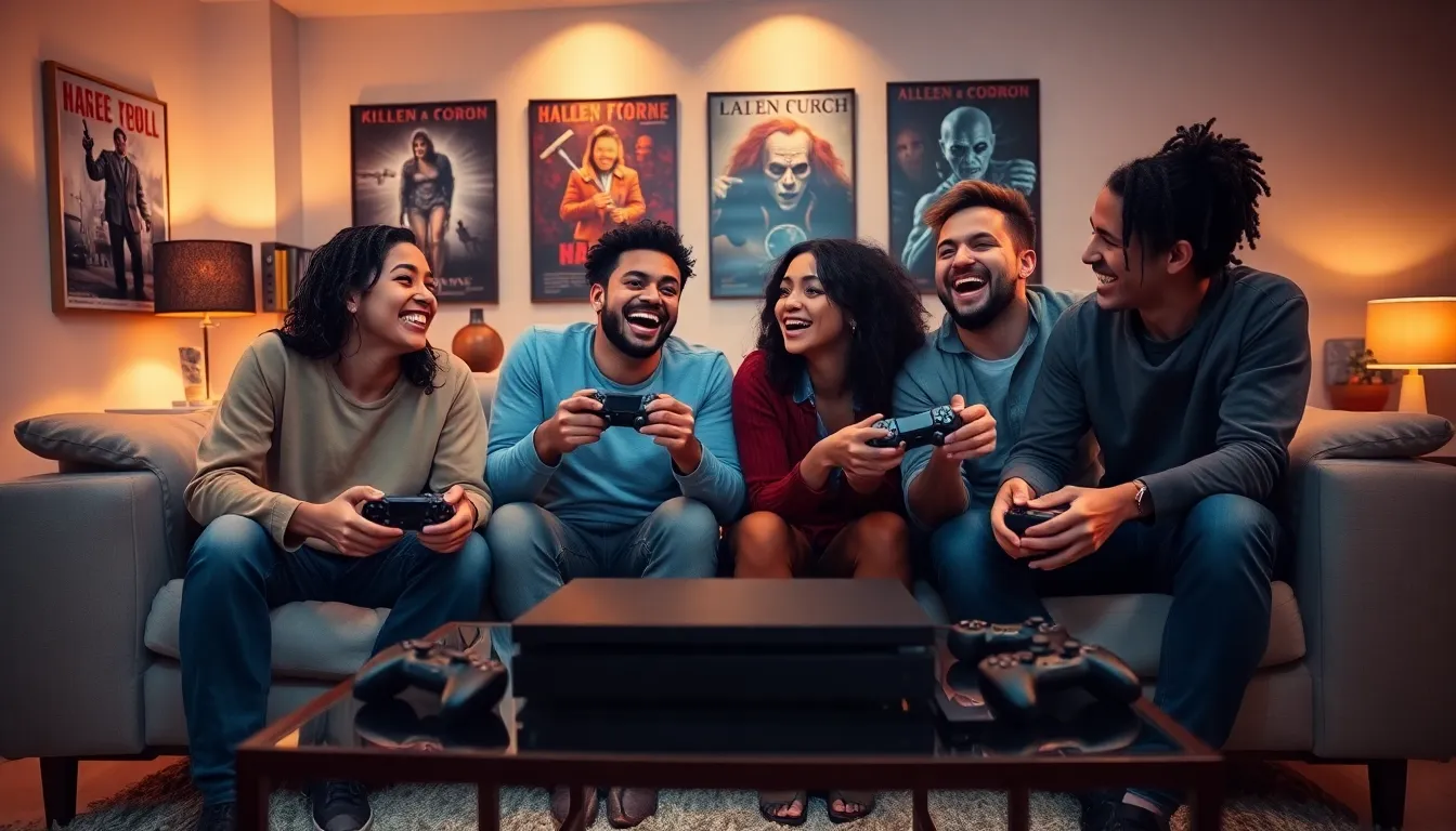friends playing horror games in a cozy living room setting.