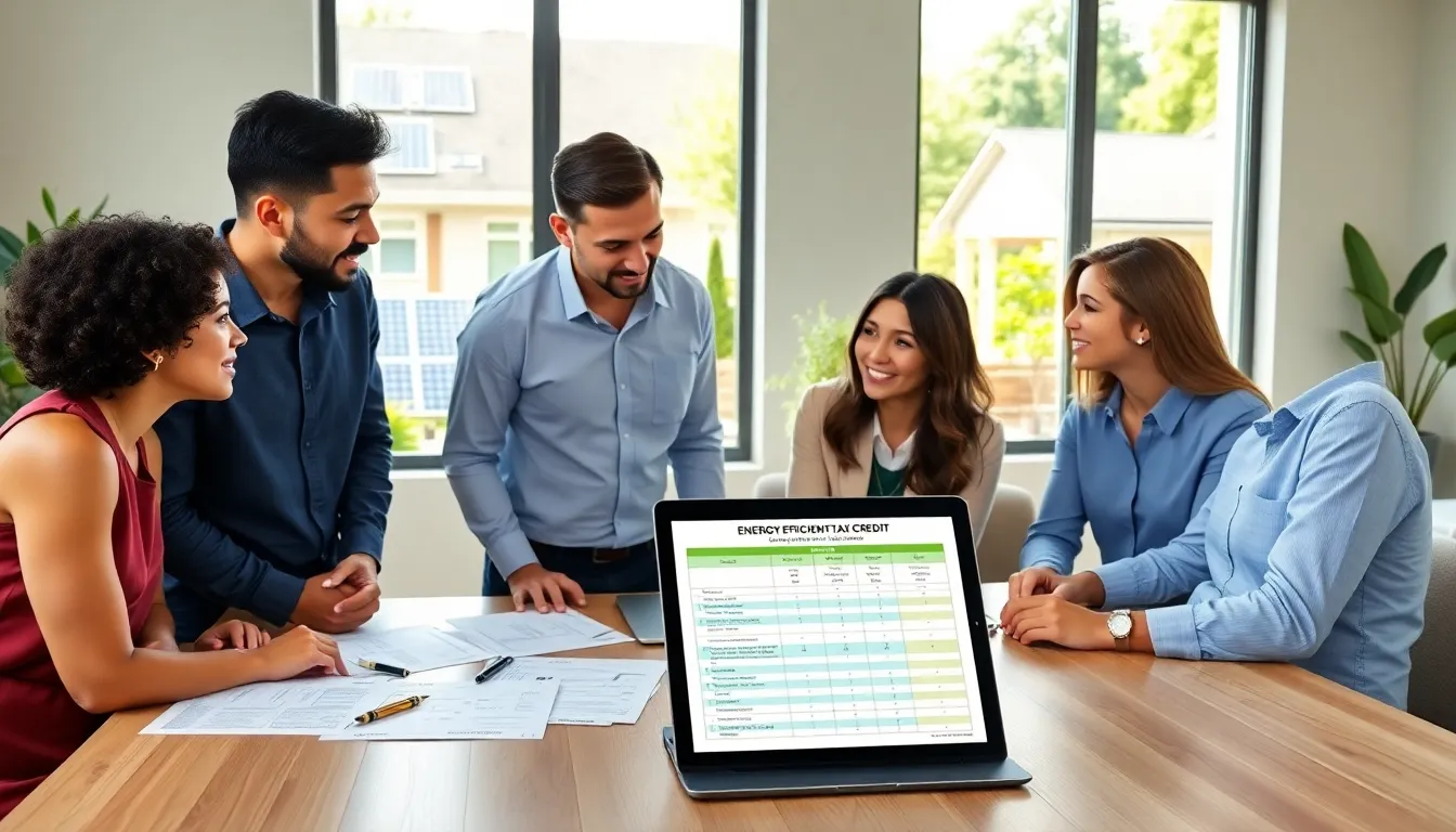 professionals discussing energy efficiency tax credits in a modern office.
