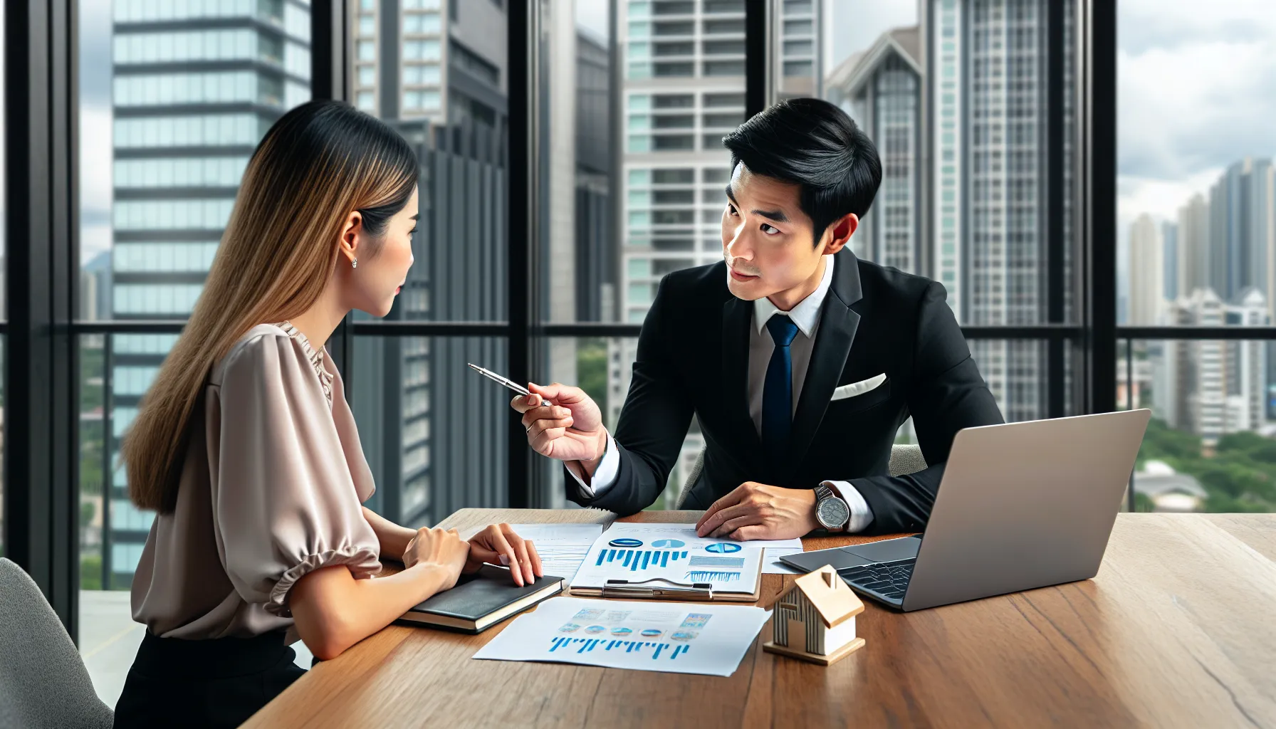A financial consultant helps a client discuss loan options at an office desk.
