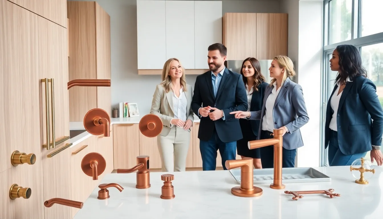 modern kitchen showcasing decorative copper hardware elements.