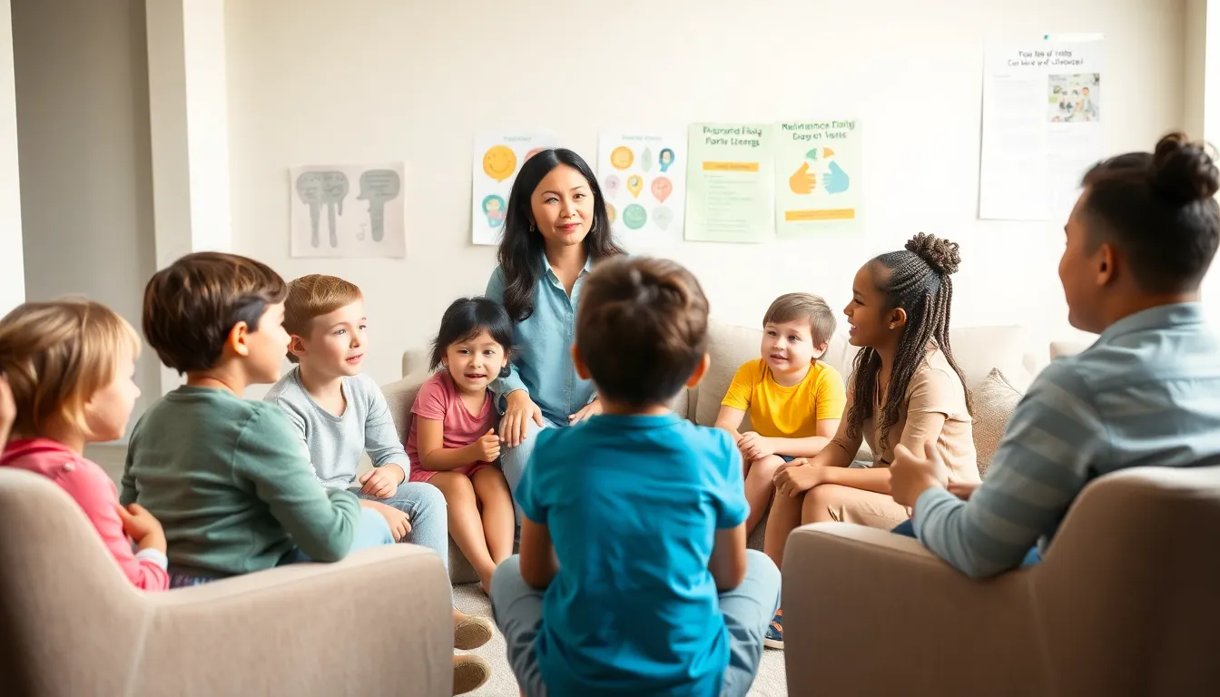 children discussing emotions in a counseling setting after divorce.