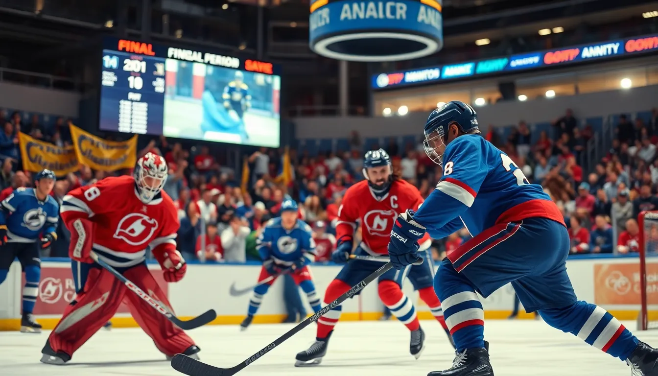 A tense ice hockey game in an arena with diverse players and cheering fans.