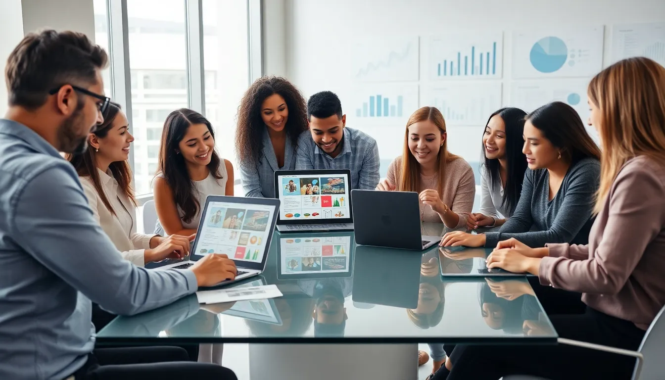 professionals collaborating on e-commerce software in a modern office.
