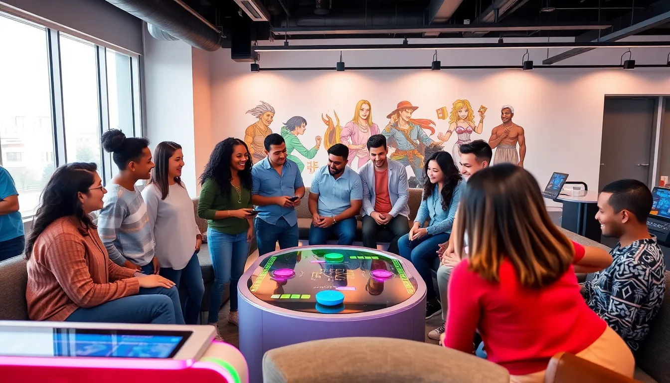 diverse group playing Ooverzala in a modern game lounge.
