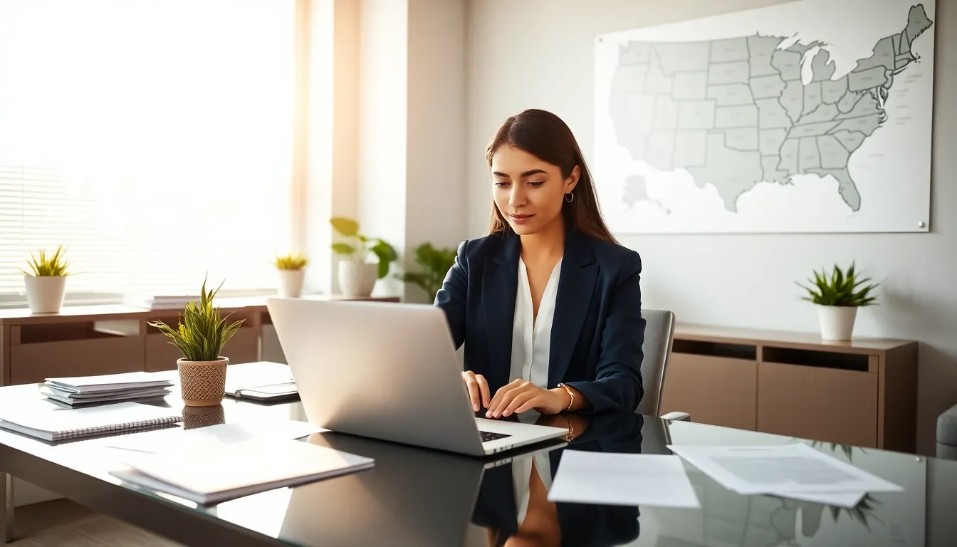 a young realtor composing an email in a modern office setting.
