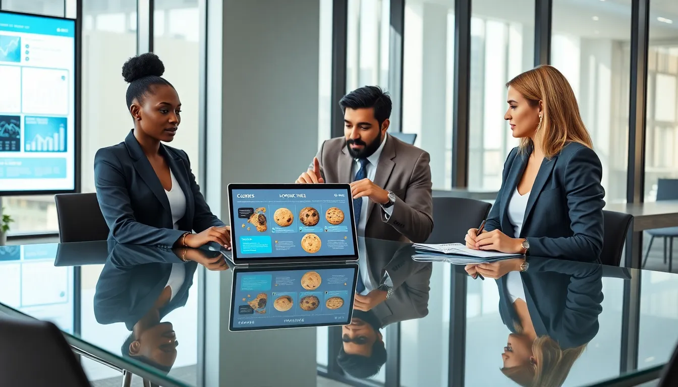 professionals discussing website cookies in a modern office setting.