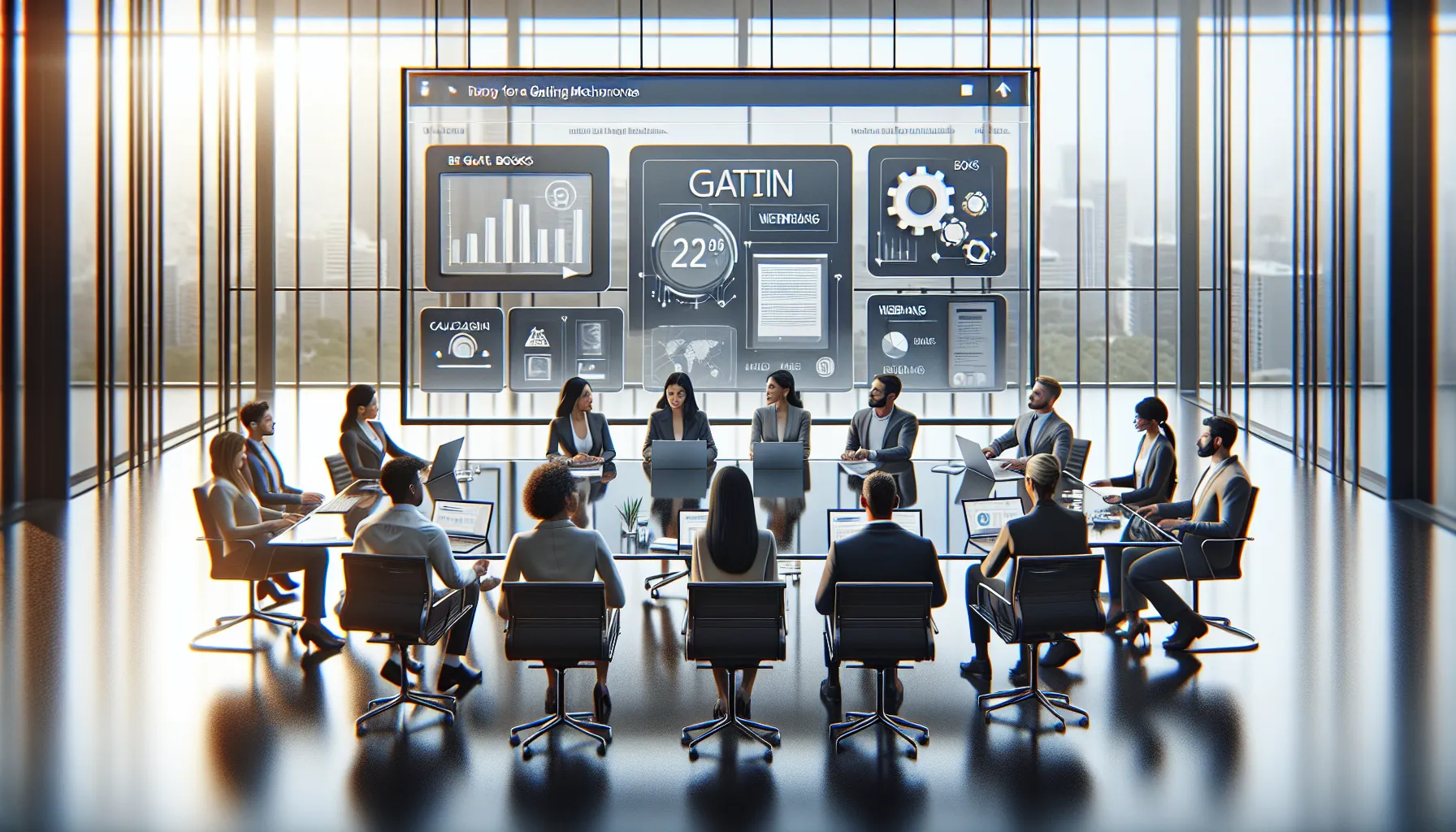 diverse professionals discussing digital gating strategies in a modern office.