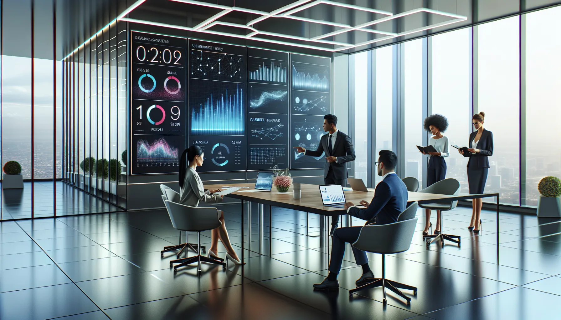 diverse team analyzing data on a digital dashboard in a modern office.