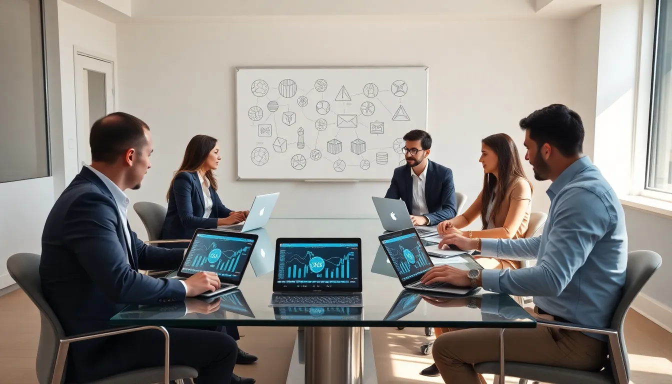 diverse team discussing cryptocurrency in a modern office.