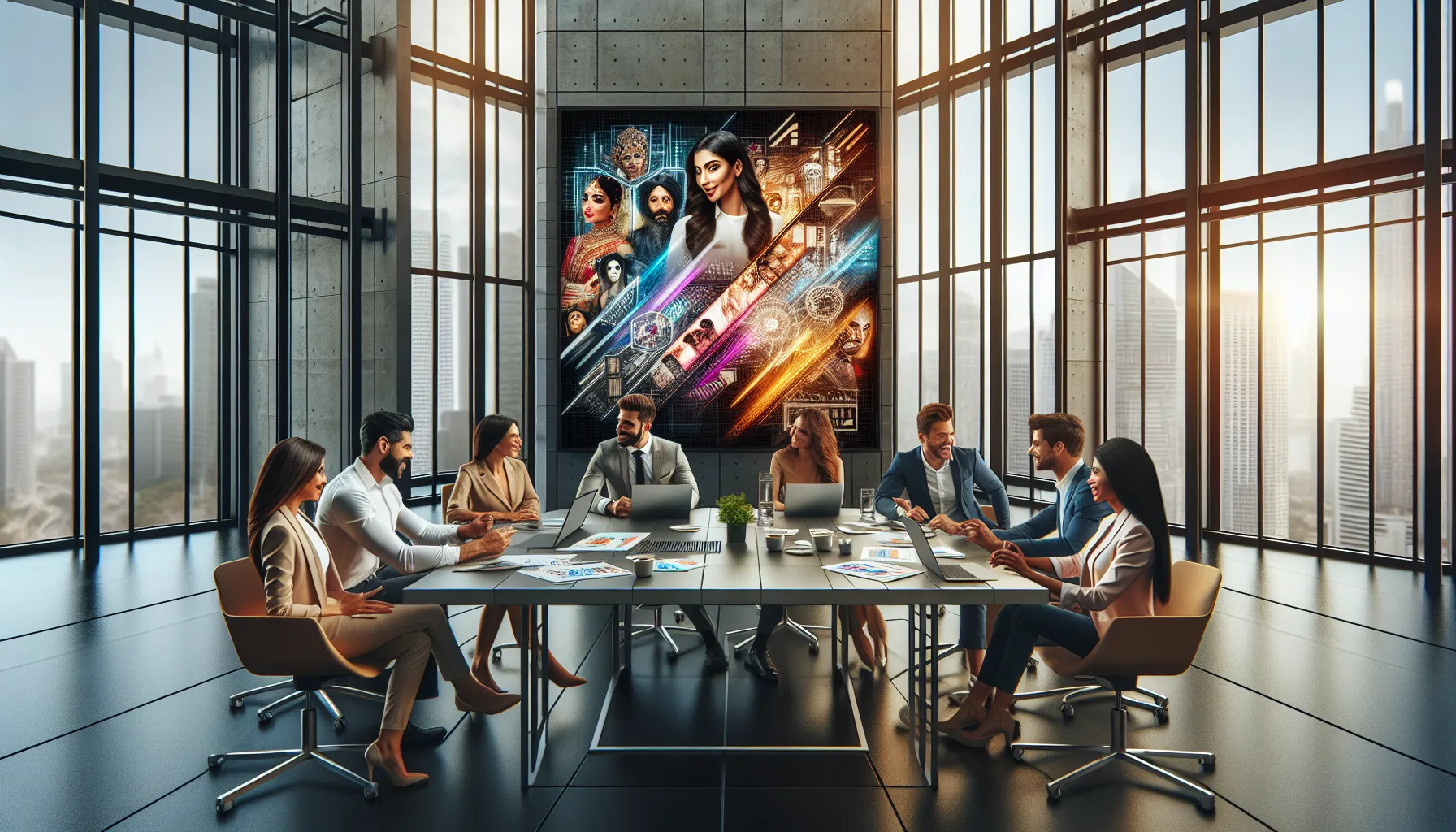 diverse professionals collaborating in a modern office about entertainment industry updates.