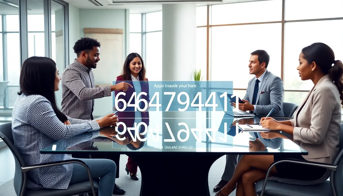 diverse team analyzing the significance of the number 6474904311 in a modern office.