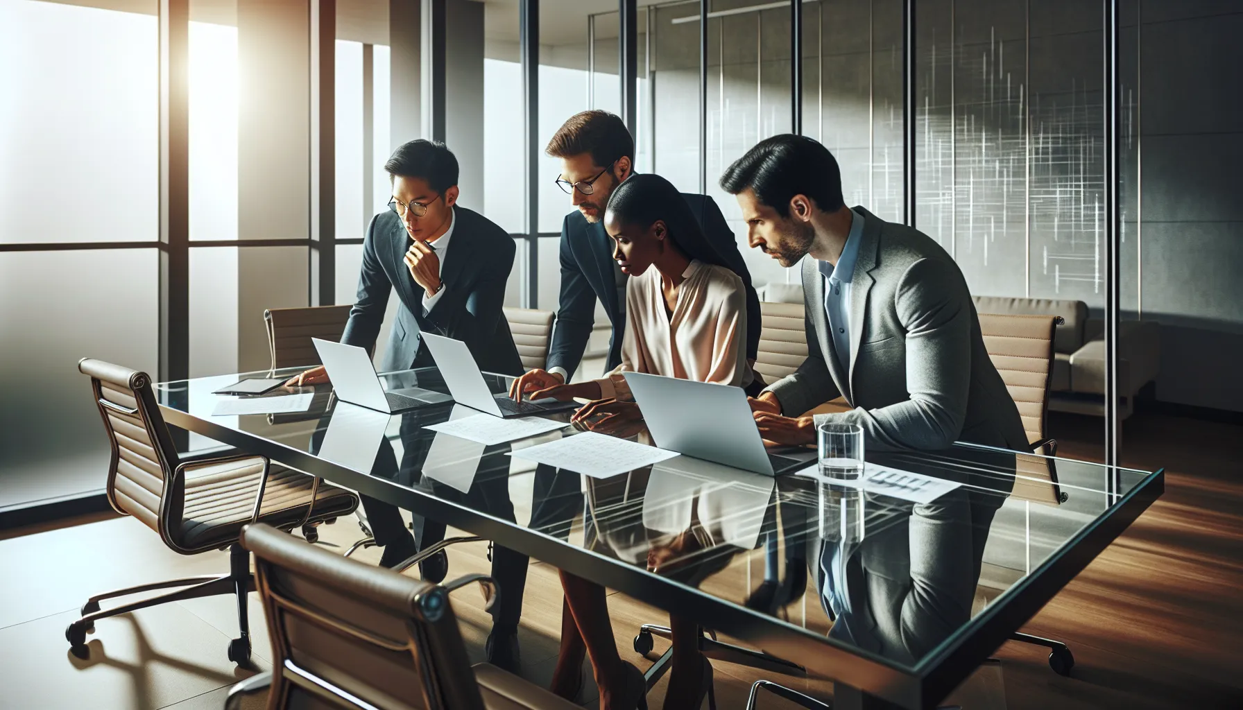diverse team analyzing data in a modern office setting.