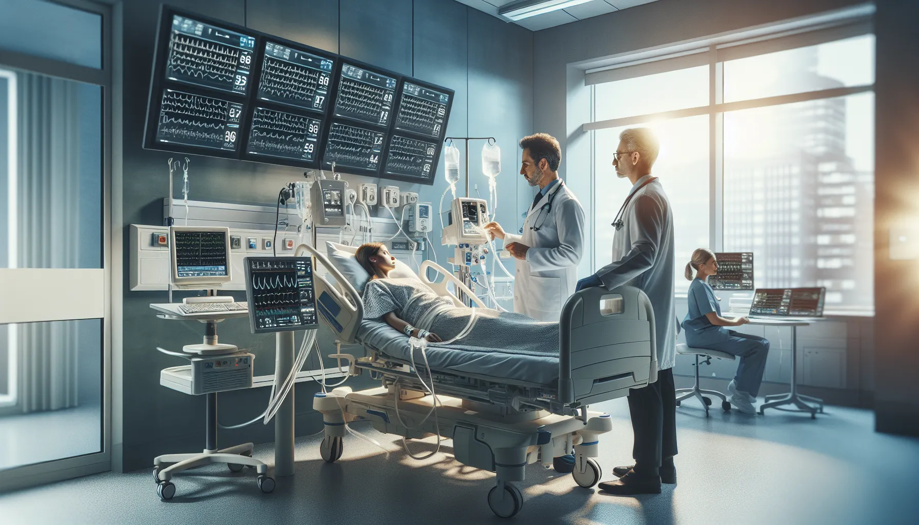 medical professionals operating ECMO equipment in a modern ICU.