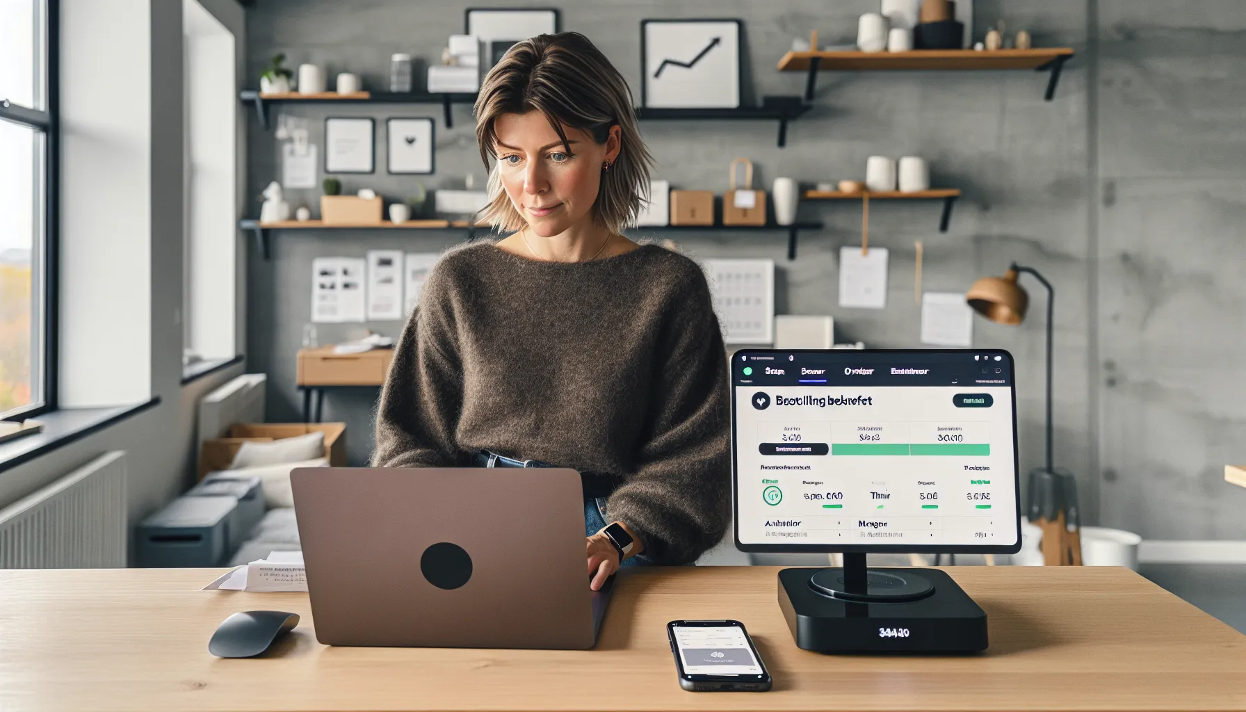 Norwegian small business owner reviews real-time dashboards in a modern workspace.