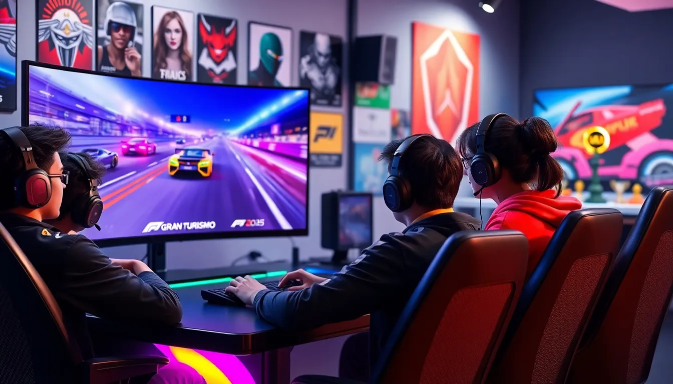 diverse gamers engaged in an exciting gaming setup for racing games.