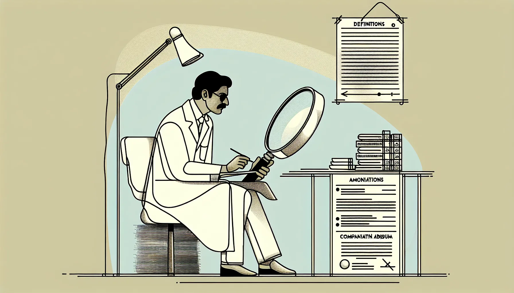 Dentist examining a contract with magnifying glass and checklist of four items of Florida Dental Contract Review.