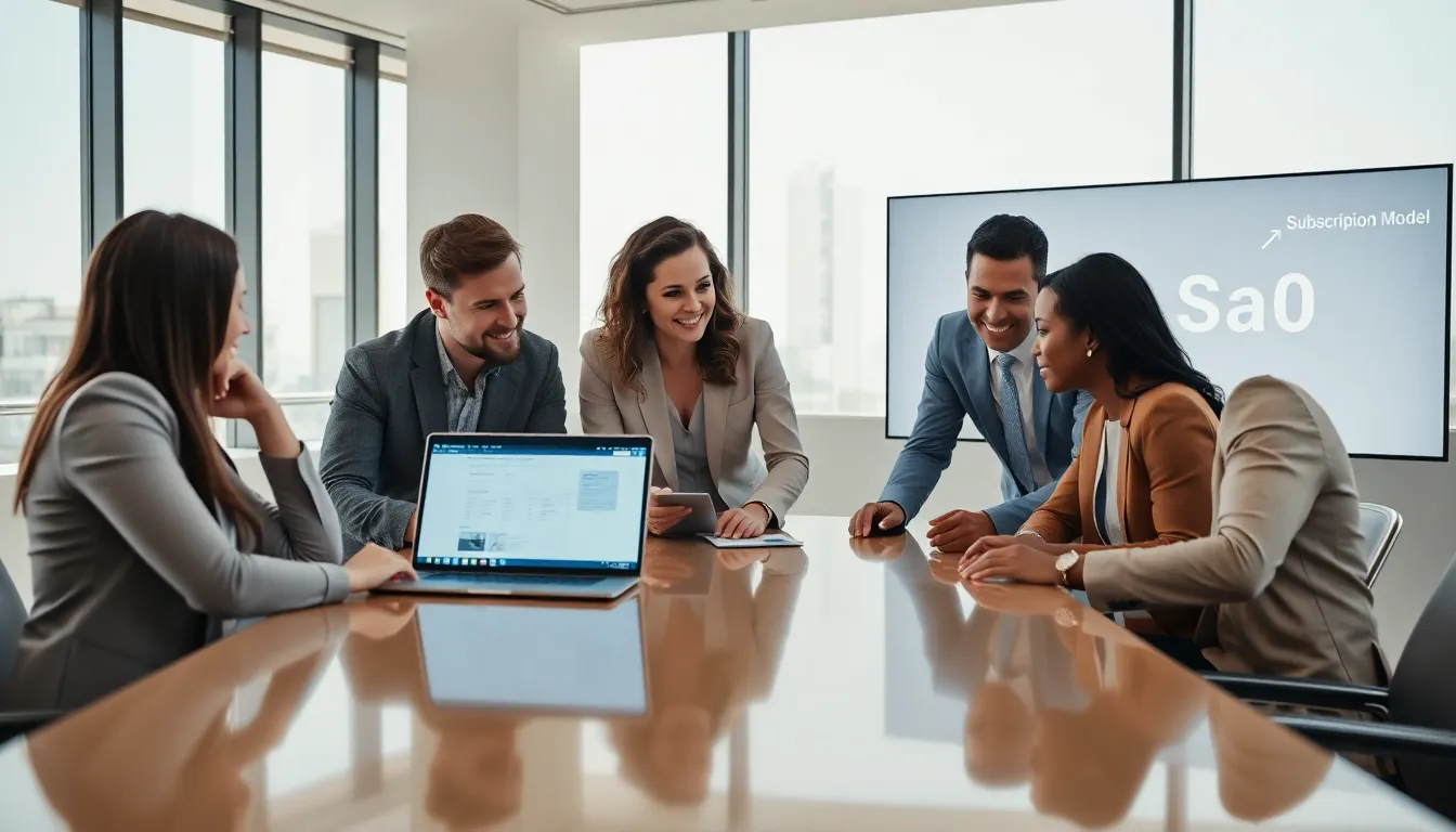 diverse professionals collaborating on a SaaS application in a modern office.