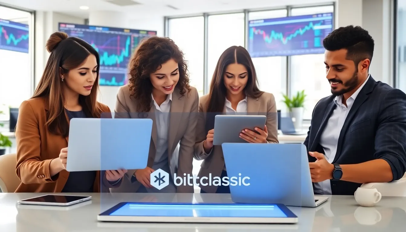 diverse professionals collaborating in a modern trading office.